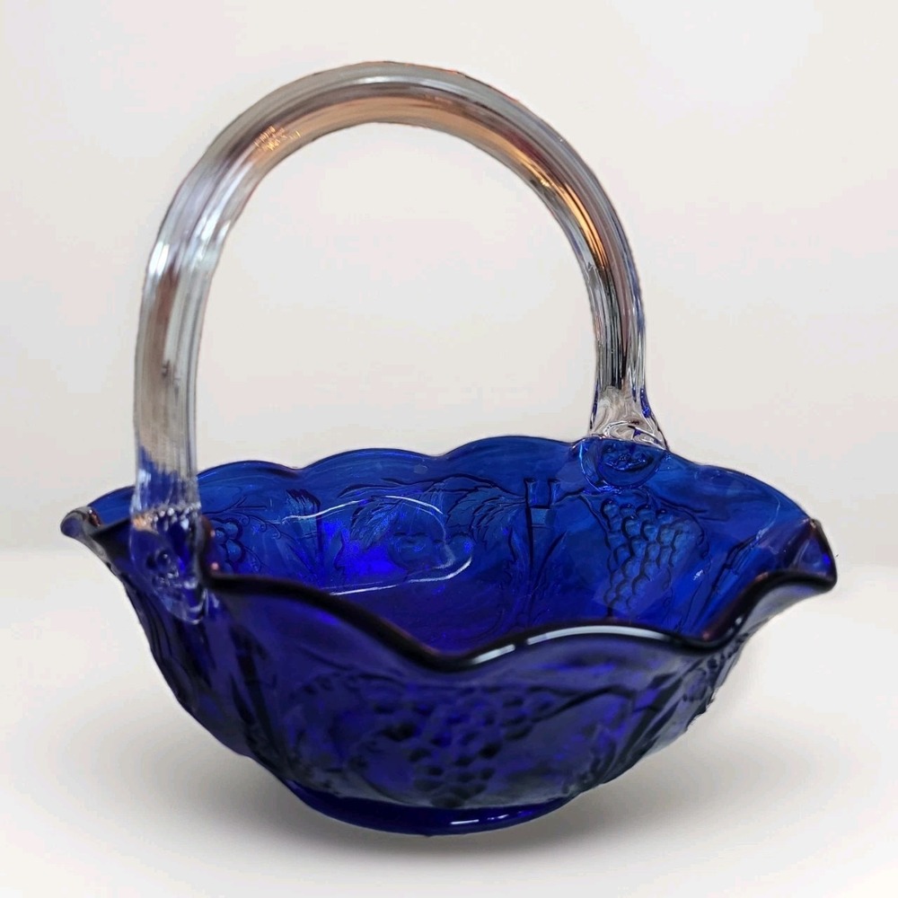 Vintage Mid-Century Indiana Glass Cobalt Blue Harvest Grape Compote / Candy Dish